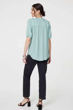 Plain V-Neck Puff 1/2 Sleeve Shirt