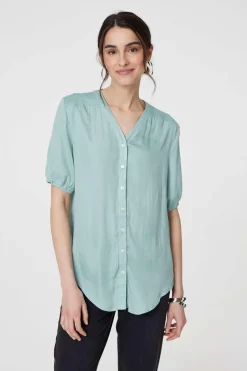 Plain V-Neck Puff 1/2 Sleeve Shirt