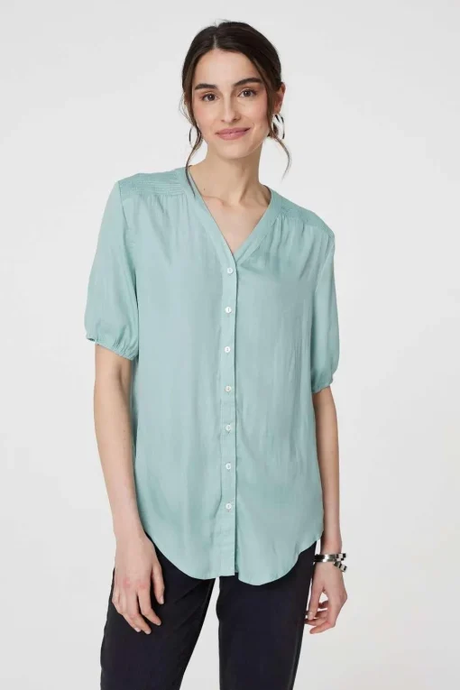 Plain V-Neck Puff 1/2 Sleeve Shirt