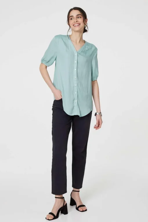 Plain V-Neck Puff 1/2 Sleeve Shirt