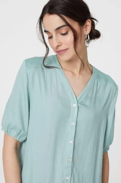 Plain V-Neck Puff 1/2 Sleeve Shirt