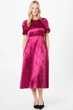 Pleat Sleeve Jacquard Satin Midi Dress