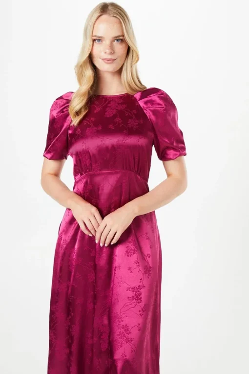 Pleat Sleeve Jacquard Satin Midi Dress