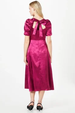 Pleat Sleeve Jacquard Satin Midi Dress