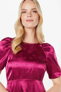 Pleat Sleeve Jacquard Satin Midi Dress