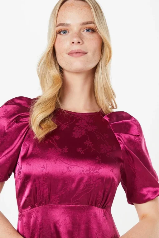 Pleat Sleeve Jacquard Satin Midi Dress