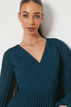 Pleated Georgette Dress With Oversized Sleeve
