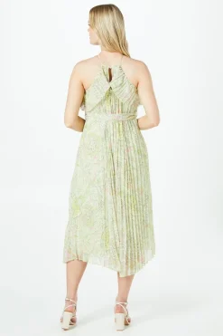 Pleated Halterneck Double Layer Midi Dress