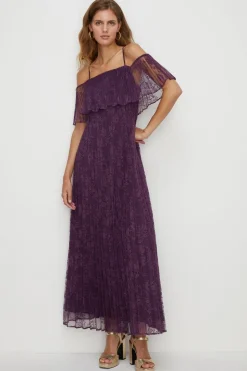 Pleated Strappy Tiered Lace Maxi Dress