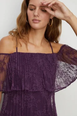 Pleated Strappy Tiered Lace Maxi Dress