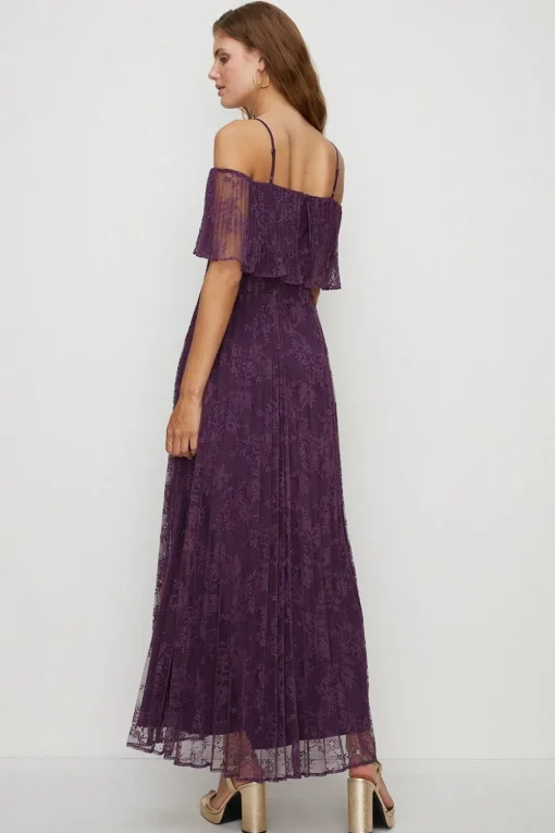 Pleated Strappy Tiered Lace Maxi Dress