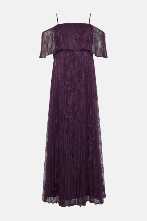 Pleated Strappy Tiered Lace Maxi Dress