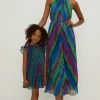 Pleated Stripe Halter Neck Trapeze Midi Dress