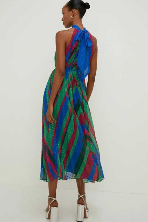 Pleated Stripe Halter Neck Trapeze Midi Dress