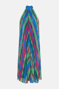 Pleated Stripe Halter Neck Trapeze Midi Dress