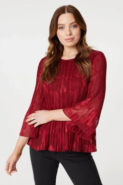Plisse Pleated 3/4 Sleeve Blouse