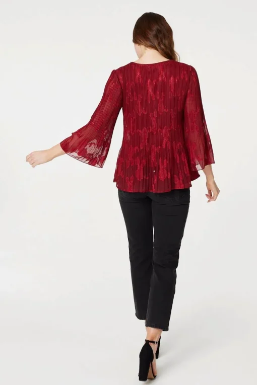 Plisse Pleated 3/4 Sleeve Blouse