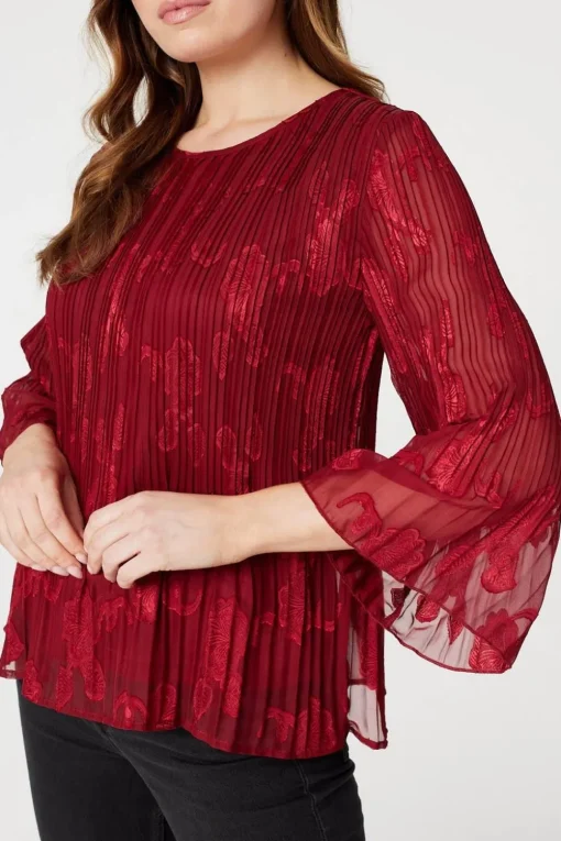 Plisse Pleated 3/4 Sleeve Blouse