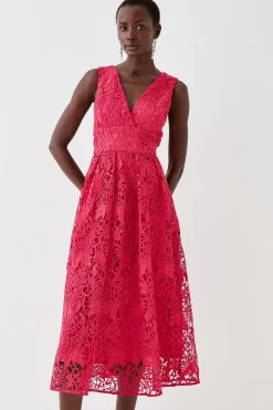 Plunge Neck Midi Dress In Lace
