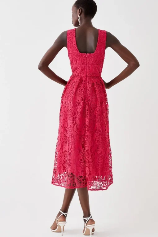 Plunge Neck Midi Dress In Lace