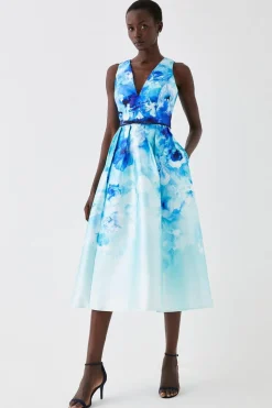 Plunge Neck Midi Dress With Bow Waist