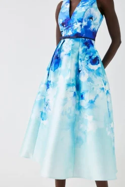 Plunge Neck Midi Dress With Bow Waist