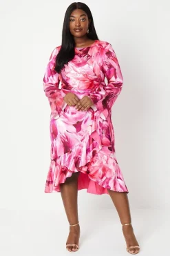 Plus Asymmetric Drape Ruffle Midi
