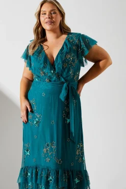 Plus Frill Wrap Front Embellished Midi Dress