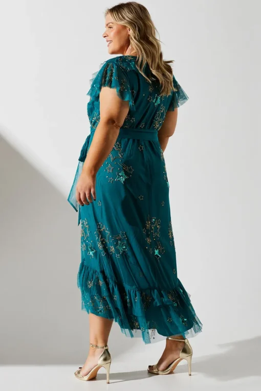 Plus Frill Wrap Front Embellished Midi Dress