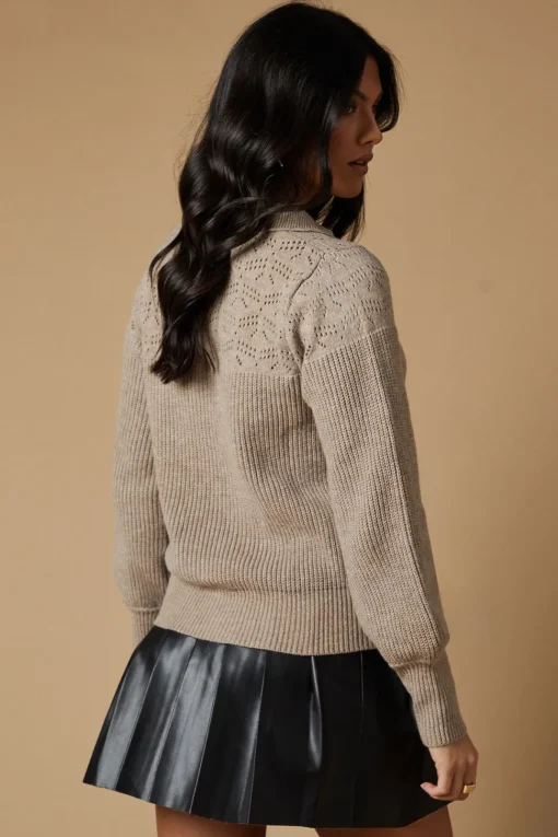 Pointelle Stitch Yoke Collared Knitted Jumper