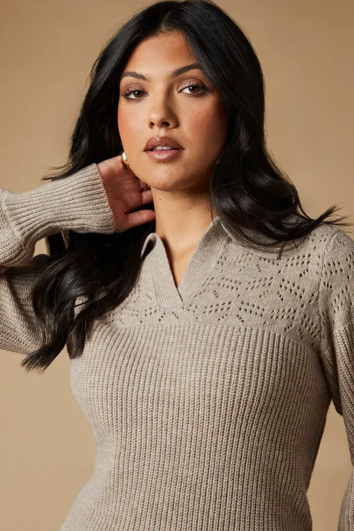 Pointelle Stitch Yoke Collared Knitted Jumper