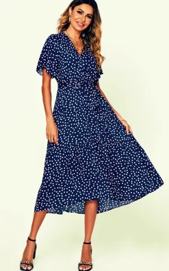 Polka Dot Hem Tiered Wrap Midi Dress In Navy