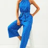 Polka Dot High Neck Jumpsuit with Belt