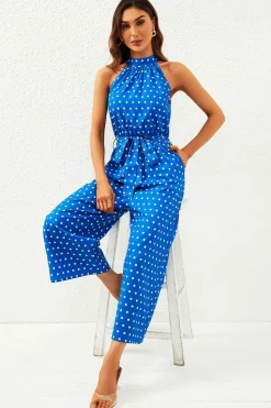 Polka Dot High Neck Jumpsuit with Belt