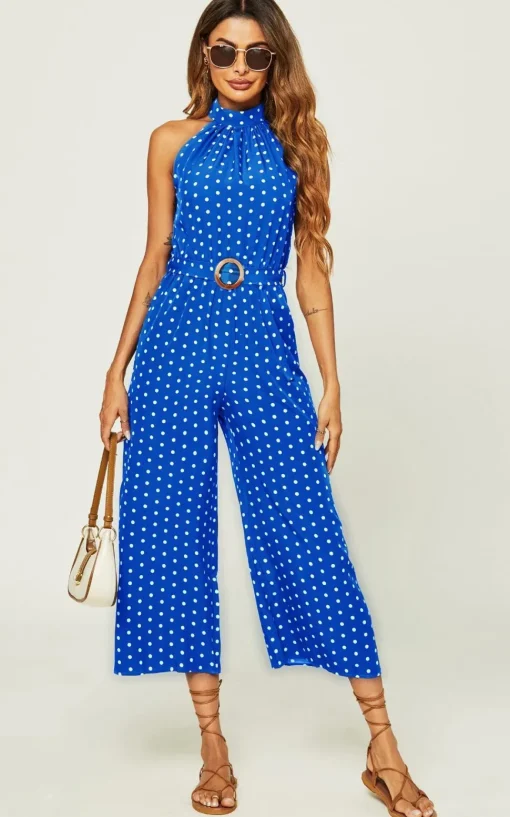 Polka Dot High Neck Jumpsuit with Belt