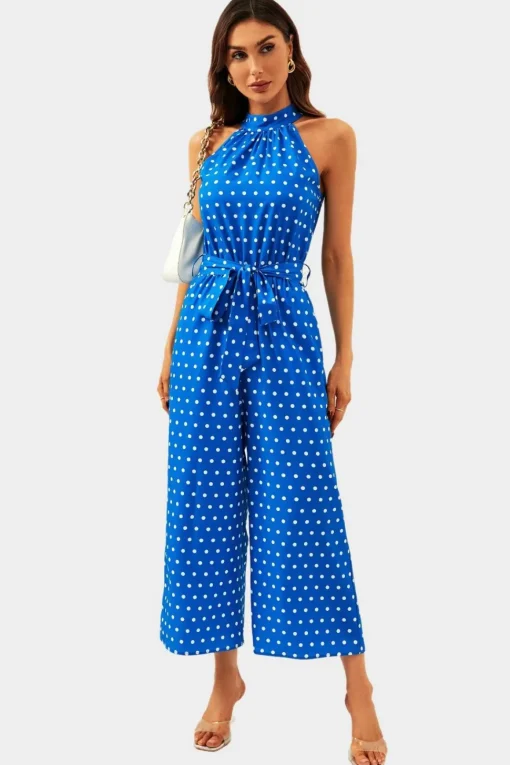 Polka Dot High Neck Jumpsuit with Belt