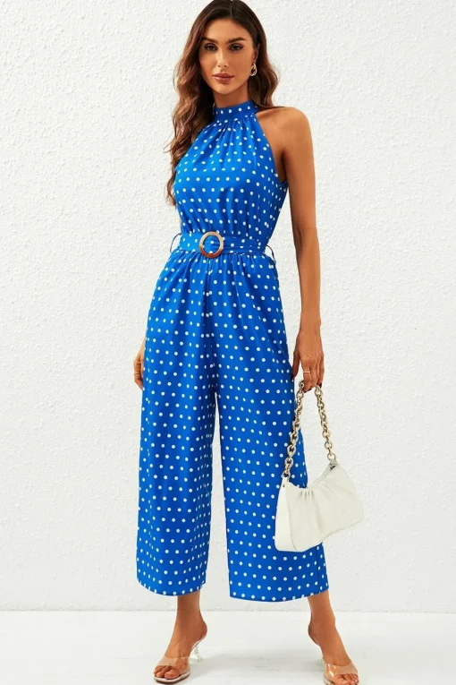 Polka Dot High Neck Jumpsuit with Belt