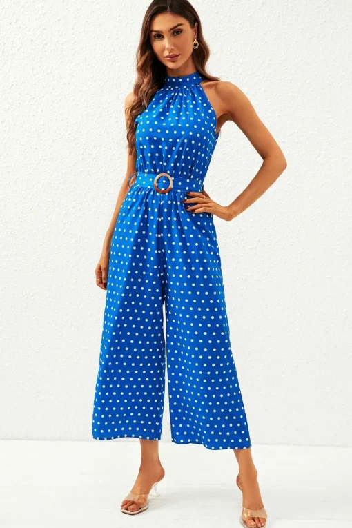 Polka Dot High Neck Jumpsuit with Belt