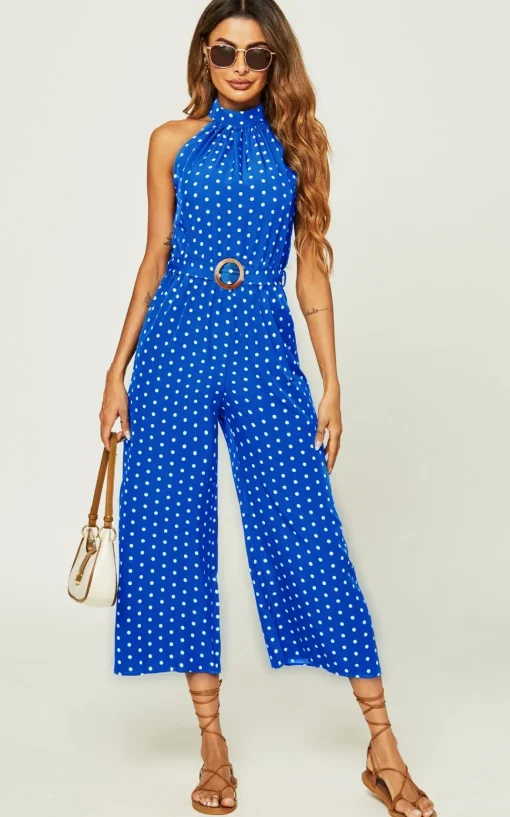 Polka Dot High Neck Jumpsuit with Belt