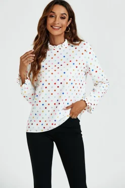 Polka Dot Print Frill Detail High Neck Top In White