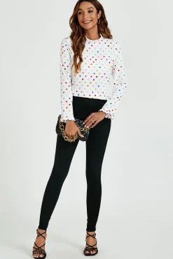 Polka Dot Print Frill Detail High Neck Top In White