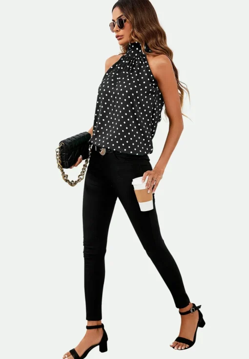 Polka Dot Print Halter Neck Tie Back Top In Black