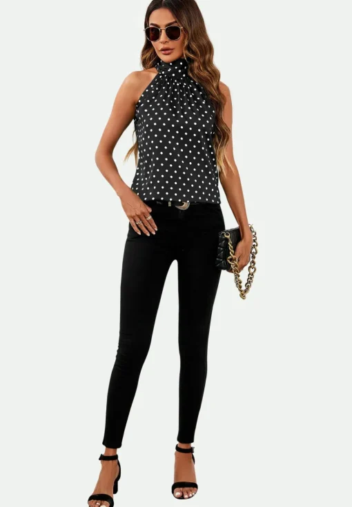 Polka Dot Print Halter Neck Tie Back Top In Black