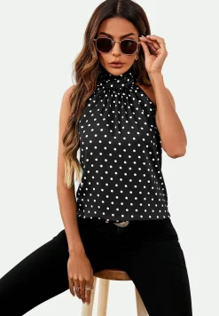 Polka Dot Print Halter Neck Tie Back Top In Black