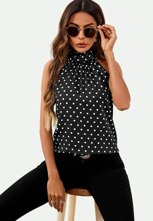 Polka Dot Print Halter Neck Tie Back Top In Black