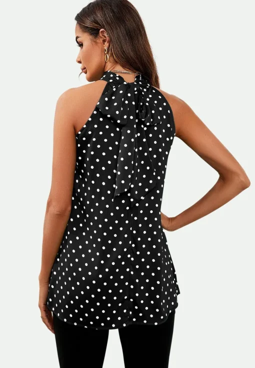 Polka Dot Print Halter Neck Tie Back Top In Black