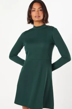 Ponte High Neck Button Mini Dress