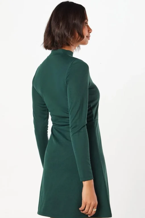 Ponte High Neck Button Mini Dress
