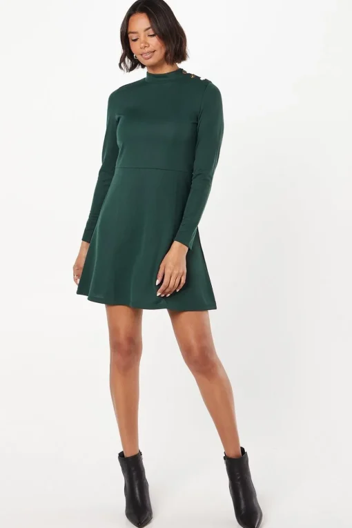 Ponte High Neck Button Mini Dress