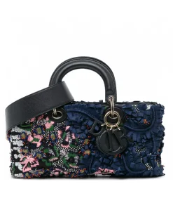 Preloved Beaded Ribbon Embroidered Floral Leather Handbag with